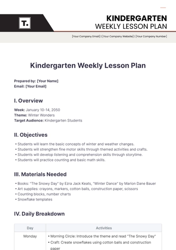 Free Kindergarten Weekly Lesson Plan Template to Edit Online