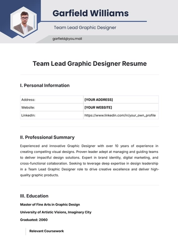 Free Team Lead Graphic Designer Resume Template to Edit Online