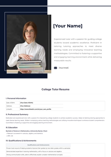 Free College Tutor Resume to Edit Online