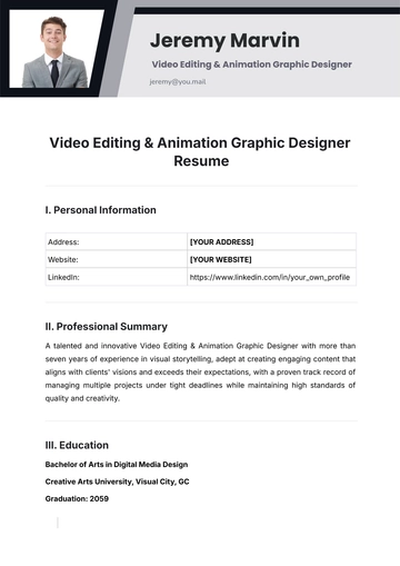 Free Video Editing & Animation Graphic Designer Resume Template to Edit Online