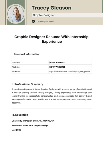 Free Graphic Designer Resume With Internship Experience Template to Edit Online
