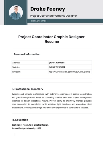 Free Project Coordinator Graphic Designer Resume Template to Edit Online