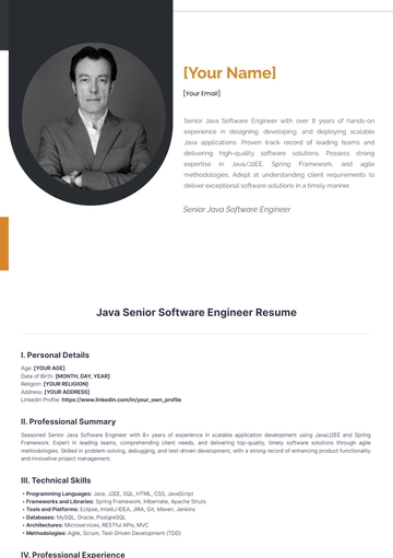 Free Java Senior Software Engineer Resume to Edit Online