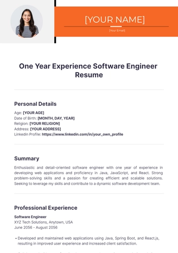 Free One Year Experience Software Engineer Resume to Edit Online