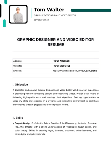 Free Graphic Designer And Video Editor Resume Template to Edit Online