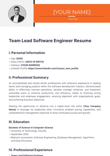 Free Team Lead Software Engineer Resume to Edit Online