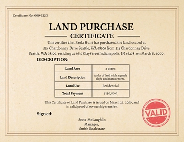 Free Land Purchase Certificate Template to Edit Online