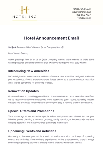 Free Hotel Announcement Email Template to Edit Online
