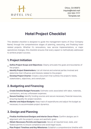 Free Hotel Project Checklist Template to Edit Online
