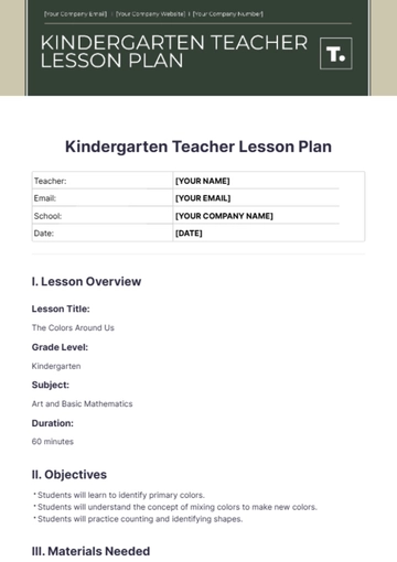 Free Kindergarten Teacher Lesson Plan Template to Edit Online