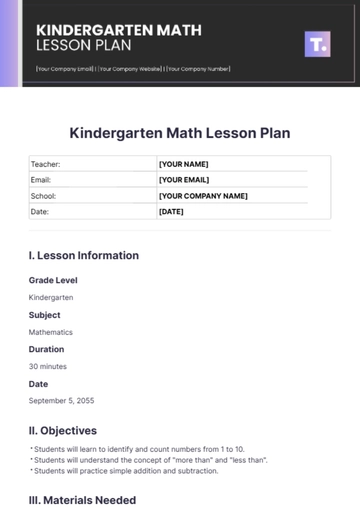Free Kindergarten Math Lesson Plan Template to Edit Online