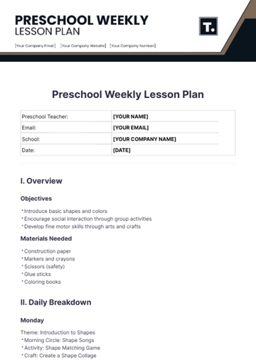 Free Preschool Weekly Lesson Plan Template to Edit Online