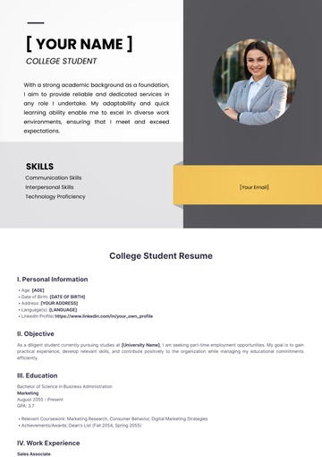 Free College Student Resume to Edit Online