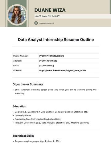 Free Data Analyst Internship Resume Outline Template to Edit Online