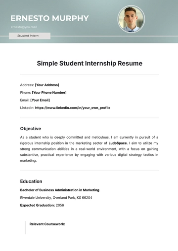 Free Simple Student Internship Resume Template to Edit Online