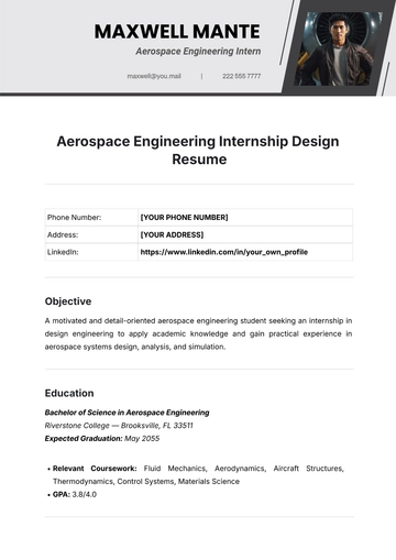 Free Aerospace Engineering Internship Design Resume Template to Edit Online