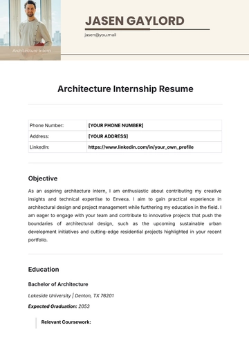 Free Architecture Internship Resume Template to Edit Online