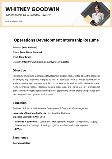 Free Operations Development Internship Resume Template to Edit Online