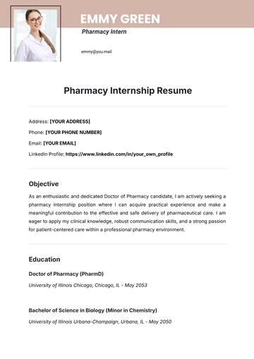 Free Pharmacy Internship Resume Template to Edit Online