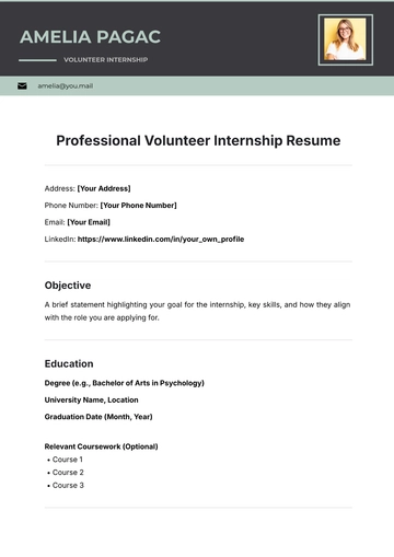 Free Professional Volunteer Internship Resume Template to Edit Online