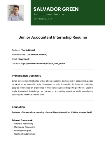 Free Junior Accountant Internship Resume Template to Edit Online