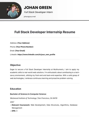 Free Full Stack Developer Internship Resume Template to Edit Online
