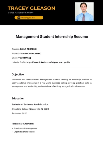 Free Management Student Internship Resume Template to Edit Online