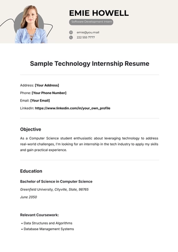 Free Sample Technology Internship Resume Template to Edit Online
