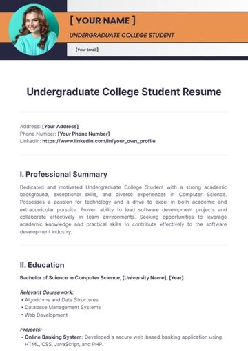 Free Undergraduate College Student Resume to Edit Online