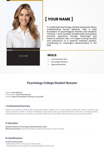 Free Psychology College Student Resume to Edit Online