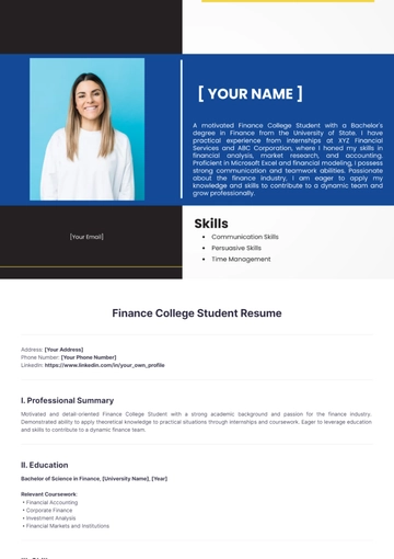 Free Finance College Student Resume to Edit Online