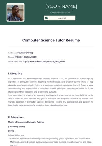 Free Computer Science Tutor Resume to Edit Online