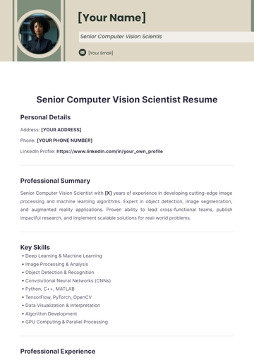 Free Senior Computer Vision Scientist Resume to Edit Online