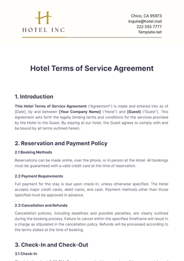 Free Hotel Terms of Service Agreement Template to Edit Online