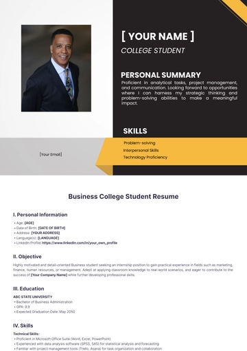 Free Business College Student Resume to Edit Online