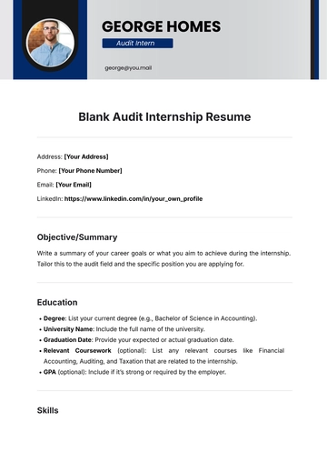 Free Blank Audit Internship Resume Template to Edit Online