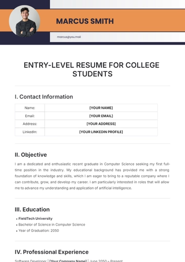 Free Entry-Level Resume for College Students Template to Edit Online