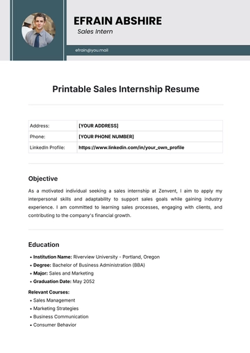 Free Printable Sales Internship Resume Template to Edit Online