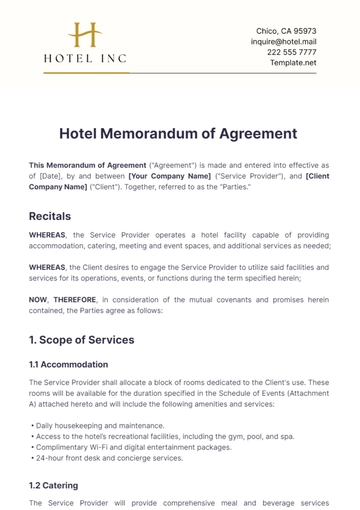 Free Hotel Memorandum of Agreement Template to Edit Online
