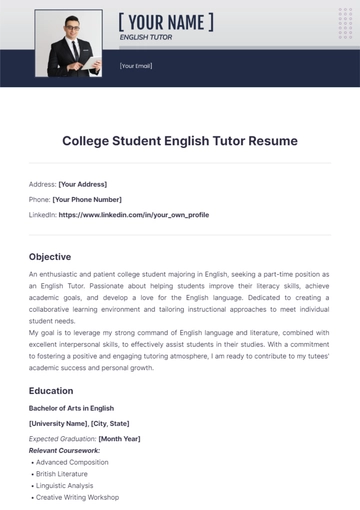 Free College Student English Tutor Resume to Edit Online