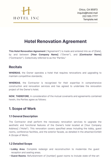 Free Hotel Renovation Agreement Template to Edit Online
