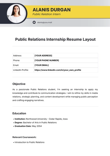 Free Public Relations Internship Resume Layout Template to Edit Online