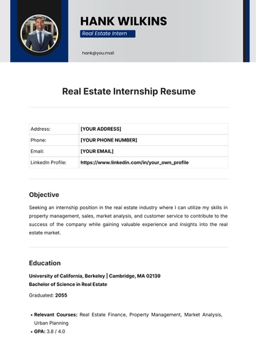 Free Real Estate Internship Resume Template to Edit Online