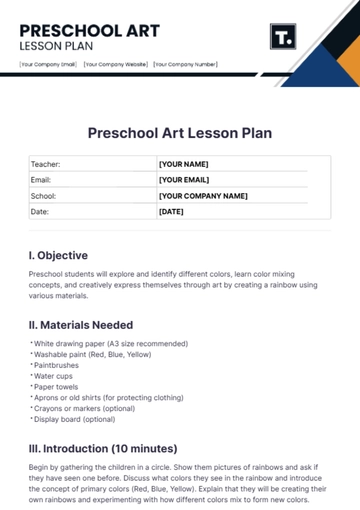 Free Preschool Art Lesson Plan Template to Edit Online