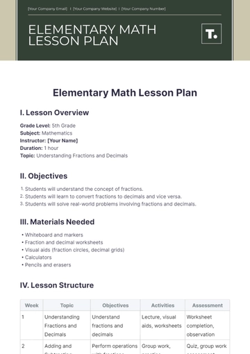 Free Elementary Math Lesson Plan Template to Edit Online