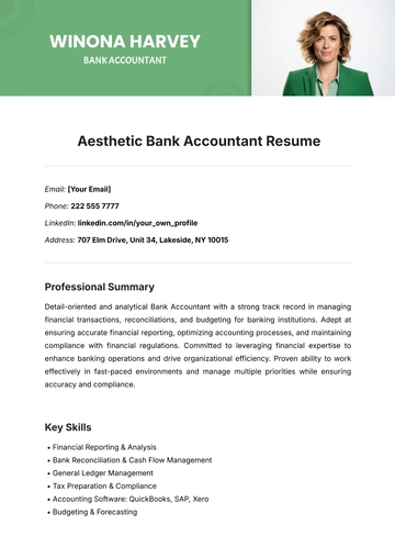 Free Aesthetic Bank Accountant Resume Template to Edit Online