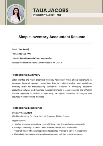 Free Simple Inventory Accountant Resume Template to Edit Online