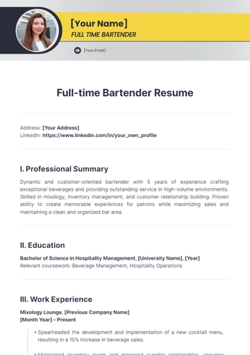 Free Full-time Bartender Resume to Edit Online