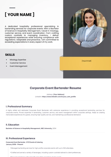 Free Corporate Event Bartender Resume to Edit Online