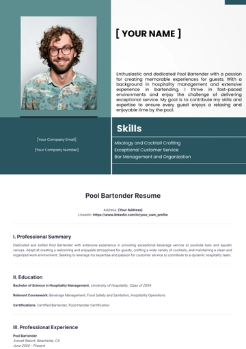 Free Pool Bartender Resume to Edit Online